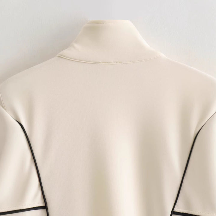 Women's Boxy Oversize Bomber Jacket with Contrast Piping and Stand-Up Collar Mune Fashion