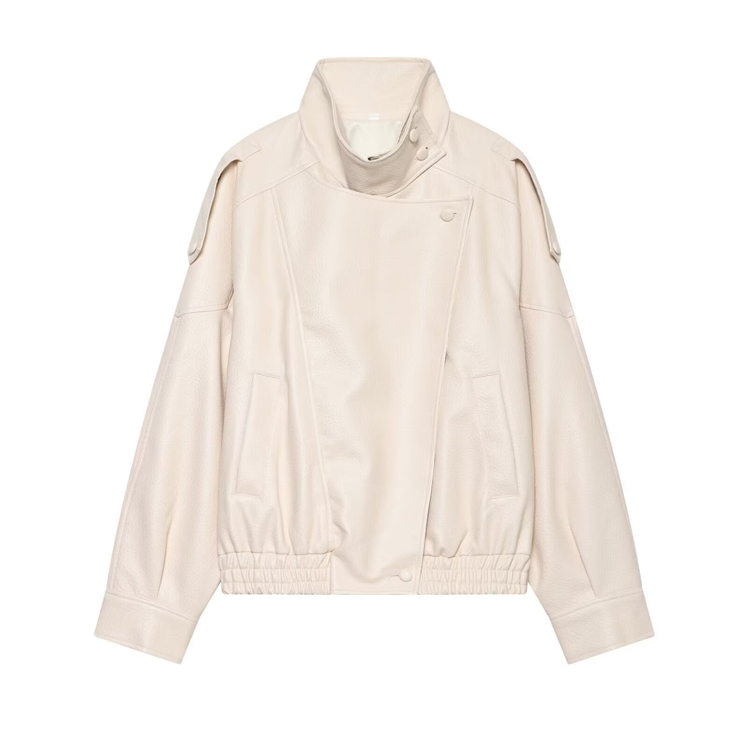 Women's Short Cut Faux Leather Bomber Jacket with Stand-Up Collar and Shoulder Straps Mune Fashion