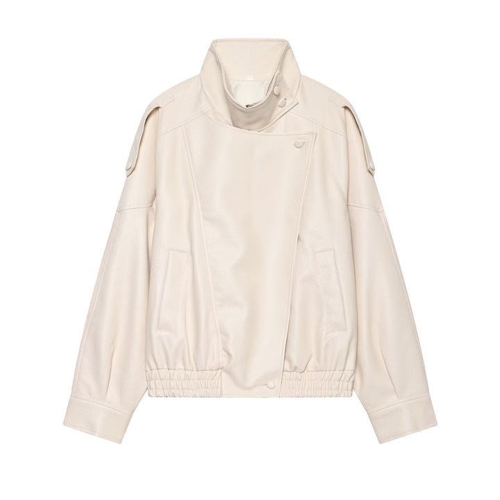 Women's Short Cut Faux Leather Bomber Jacket with Stand-Up Collar and Shoulder Straps Mune Fashion