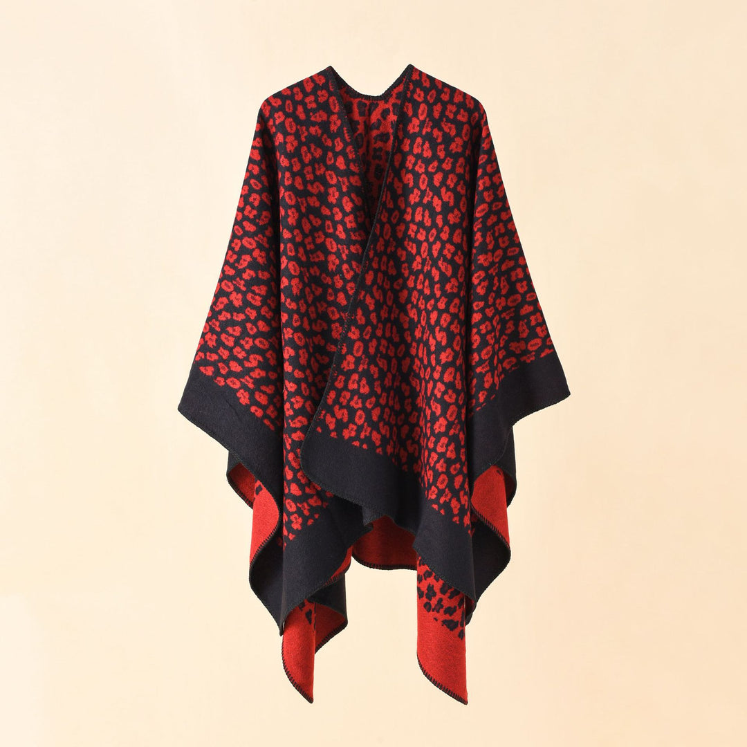 Women Wool Blend Ruana with tonal leopard jacquard and boxy kimono drape