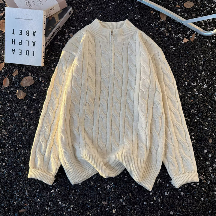 Unisex Oversize-Braided Pattern-Half Zip Sweater with Extra High Ribbed Collar and Heavy Cotton Blend Mune Fashion
