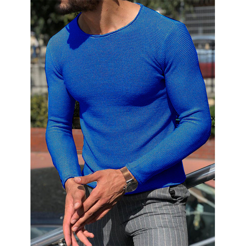 Men's Slim Fit Structured Knit Long Sleeve Sweater with Round Neck Mune Fashion
