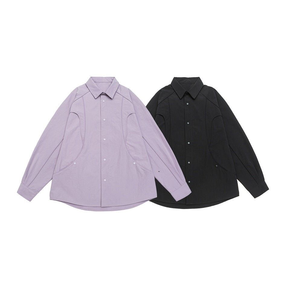 Women's Oversized Shirt Jacket with Curved Seam and Snap Button Placket Mune Fashion