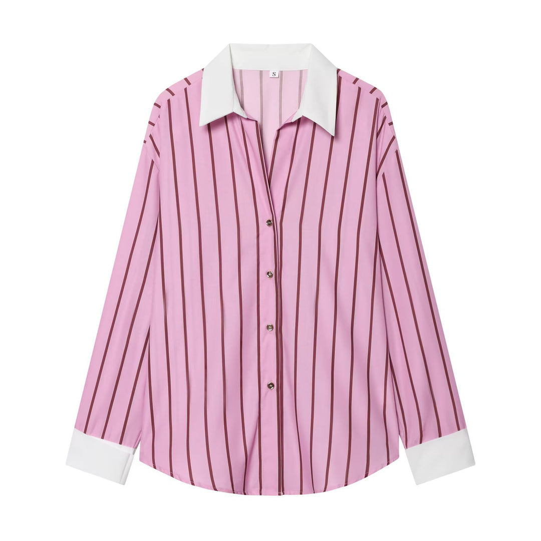 Women's Striped Silk Look Blouse with Contrast Collar Mune Fashion