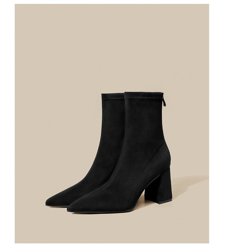 Women Lace Sock Ankle Boots with Sculptural Block Heel and Stretch Velvet Look Mune Fashion