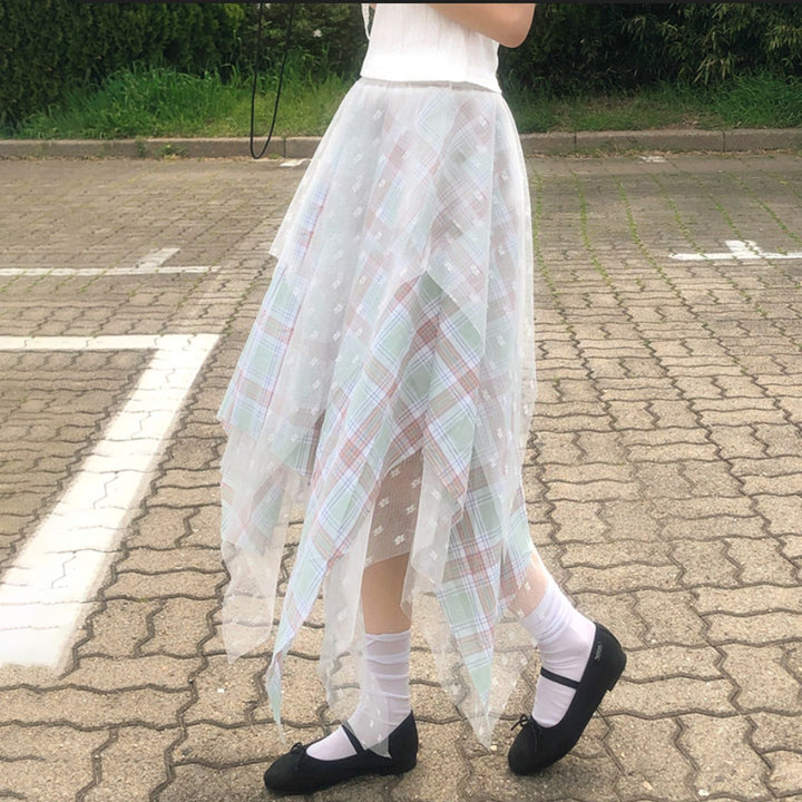 Women asymmetrical layered skirt with checkered underskirt and transparent tulle overlay Mune Fashion