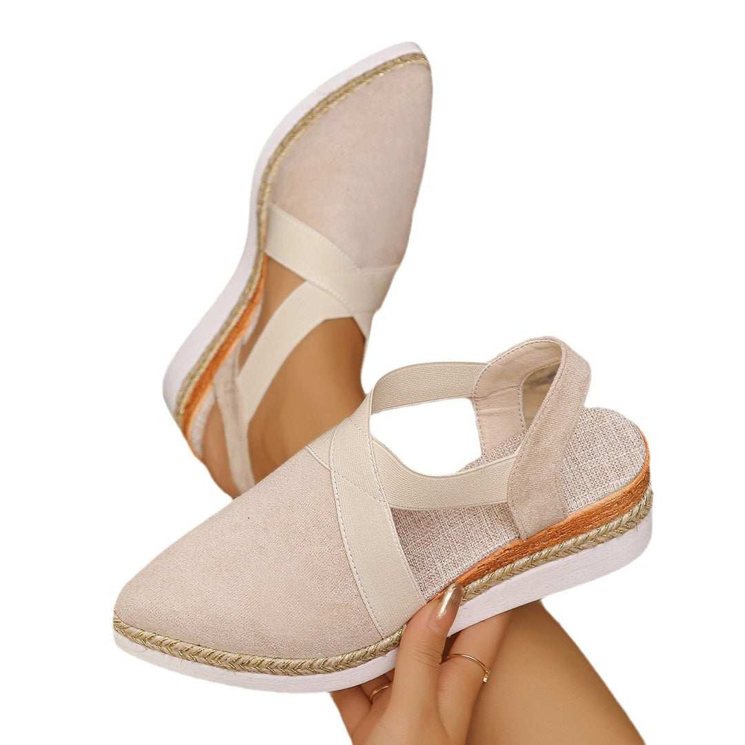 Women's velour slingback wedge with pointed toe cap, braided jute band, and cushioned outsole Mune Fashion
