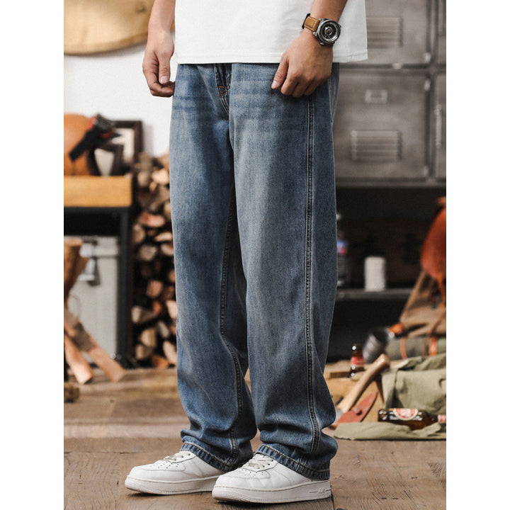 Men's Loose Straight-Leg Denim Jeans with Light Used Wash and Low Crotch Mune Fashion