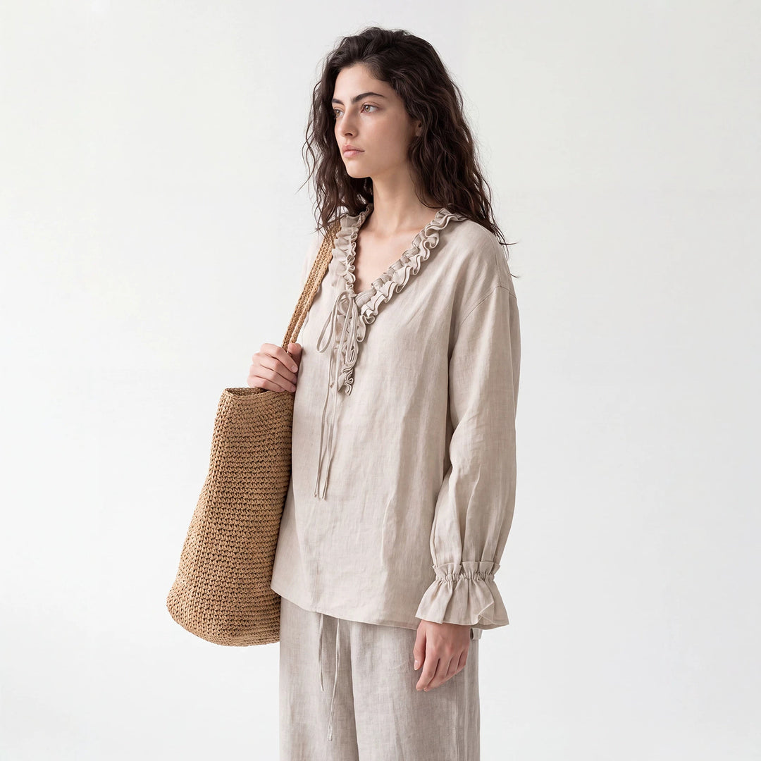 Damen Luftige Leinenbluse mit Rüschen Mune Fashion