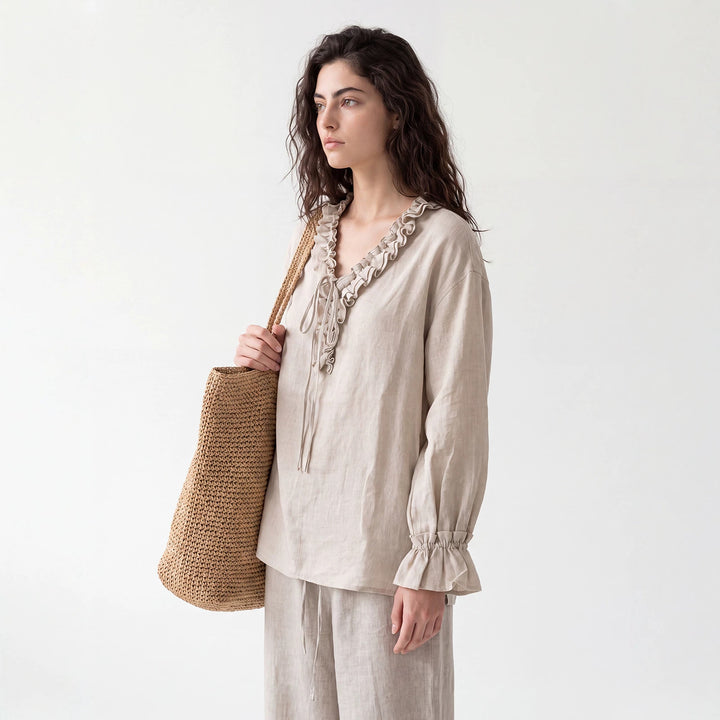 Damen Luftige Leinenbluse mit Rüschen Mune Fashion
