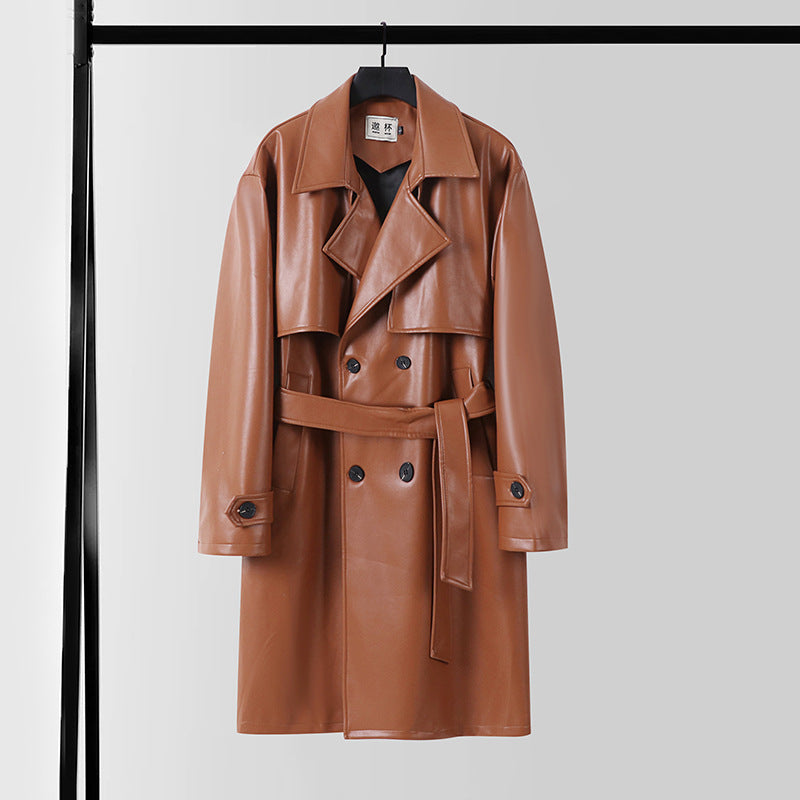 Men's Faux Leather Trench Coat with Double-Breasted, Oversized Cut and Cuff Straps Mune Fashion