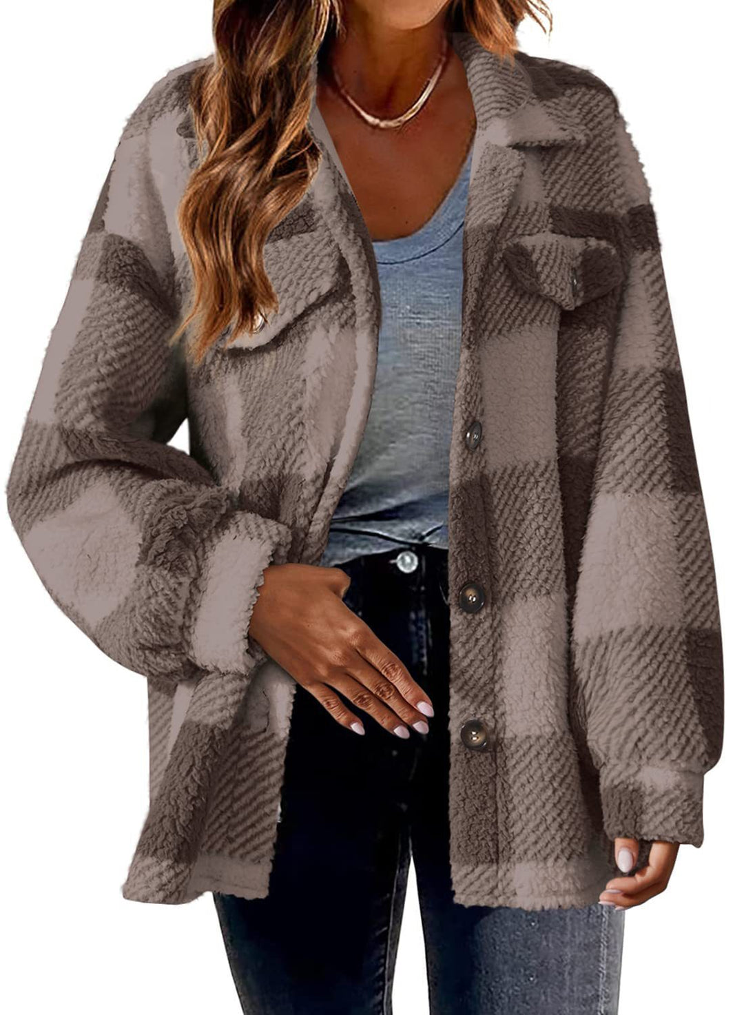 Women's cozy Sherpa check transitional jacket with chest pockets and generous oversized cut Mune Fashion
