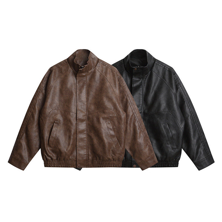 Men's leather-like bomber jacket with stand-up collar, concealed snap button placket, and elastic hem