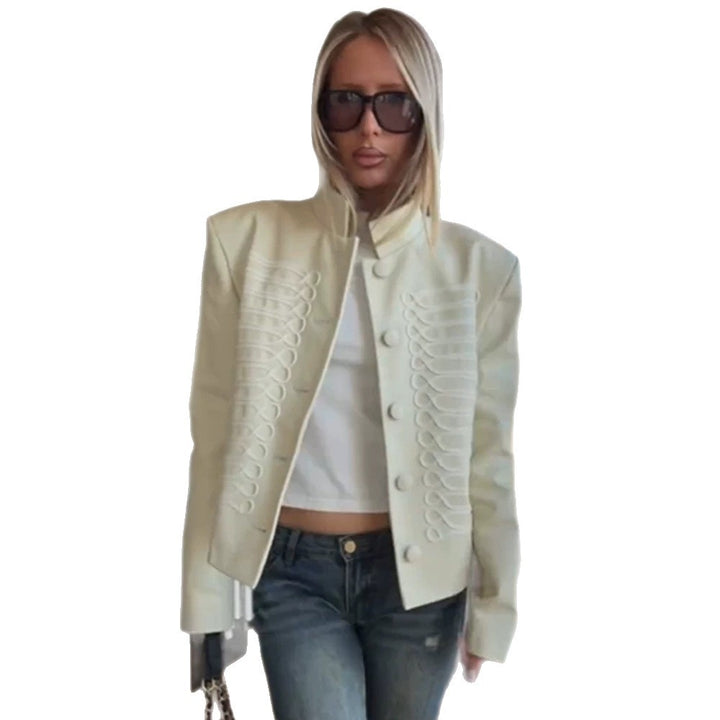 Women's short jacket in military style with decorative cord embellishment and stand-up collar Mune Fashion