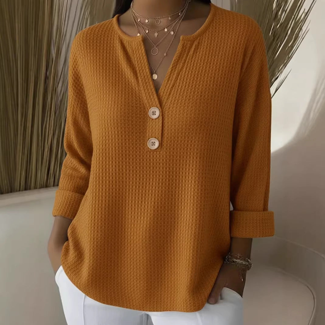 Women's waffle-knit henley shirt with wooden buttons and roll-up sleeves Mune Fashion