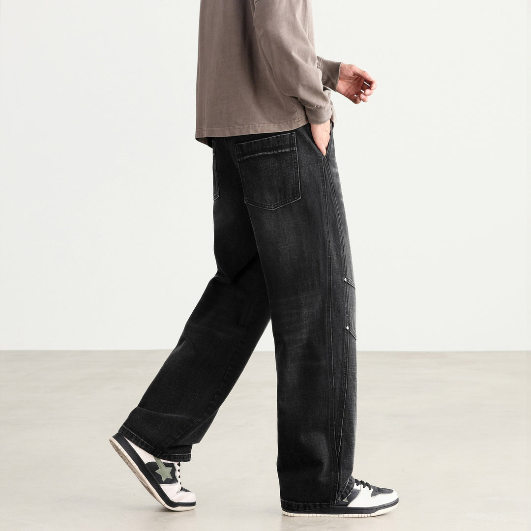 Men's Loose Fit Denim Pants with Drawstring Waistband, Panel Seams and Used Wash Mune Fashion