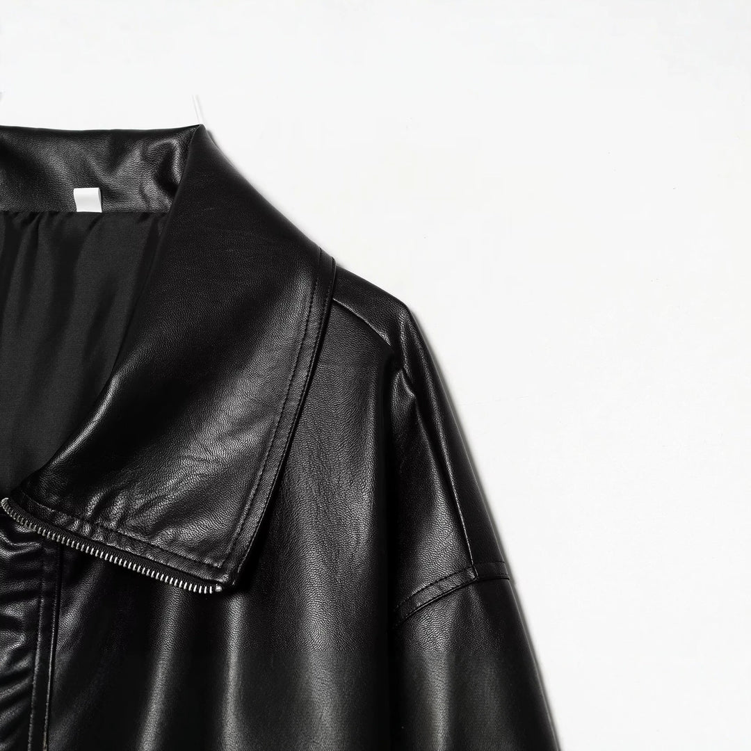 Women's Oversized Faux Leather Bomber Jacket with Wide Lapel Collar and Elastic Hem Mune Fashion