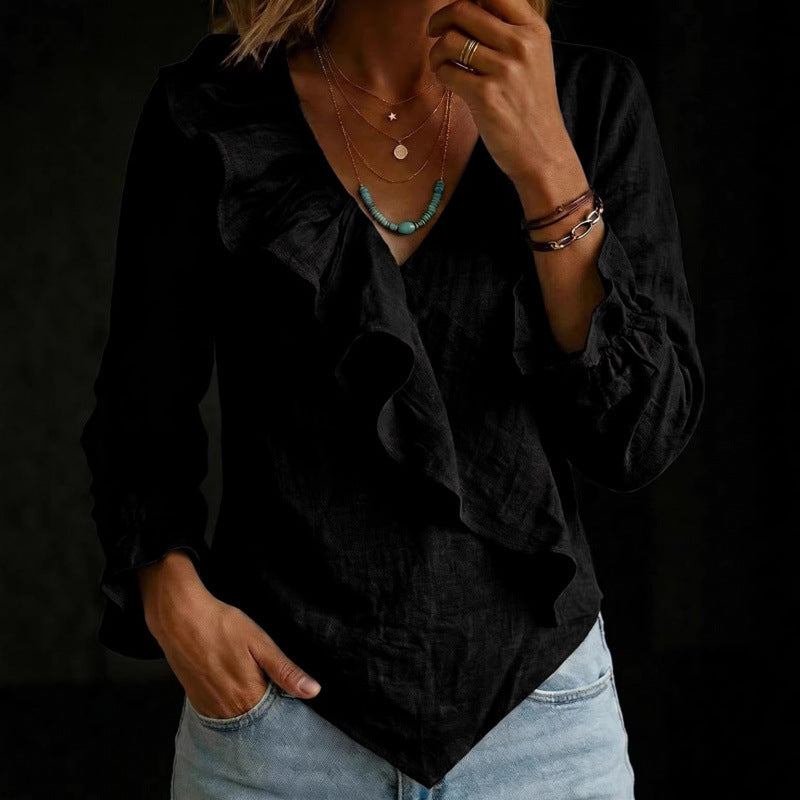 Women's Ruffle Blouse in Linen Look with Wrap Effect and Asymmetric Hem Mune Fashion