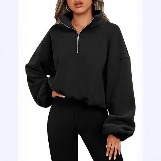 Women's cropped half-zip sweatshirt with high standing collar, balloon sleeves and elastic hem Mune Fashion