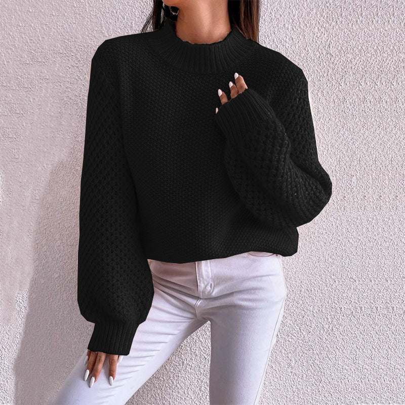 Women's Short-Cut Chunky Knit Sweater with Voluminous Mesh-Structure Sleeves and Stand-Up Collar Mune Fashion
