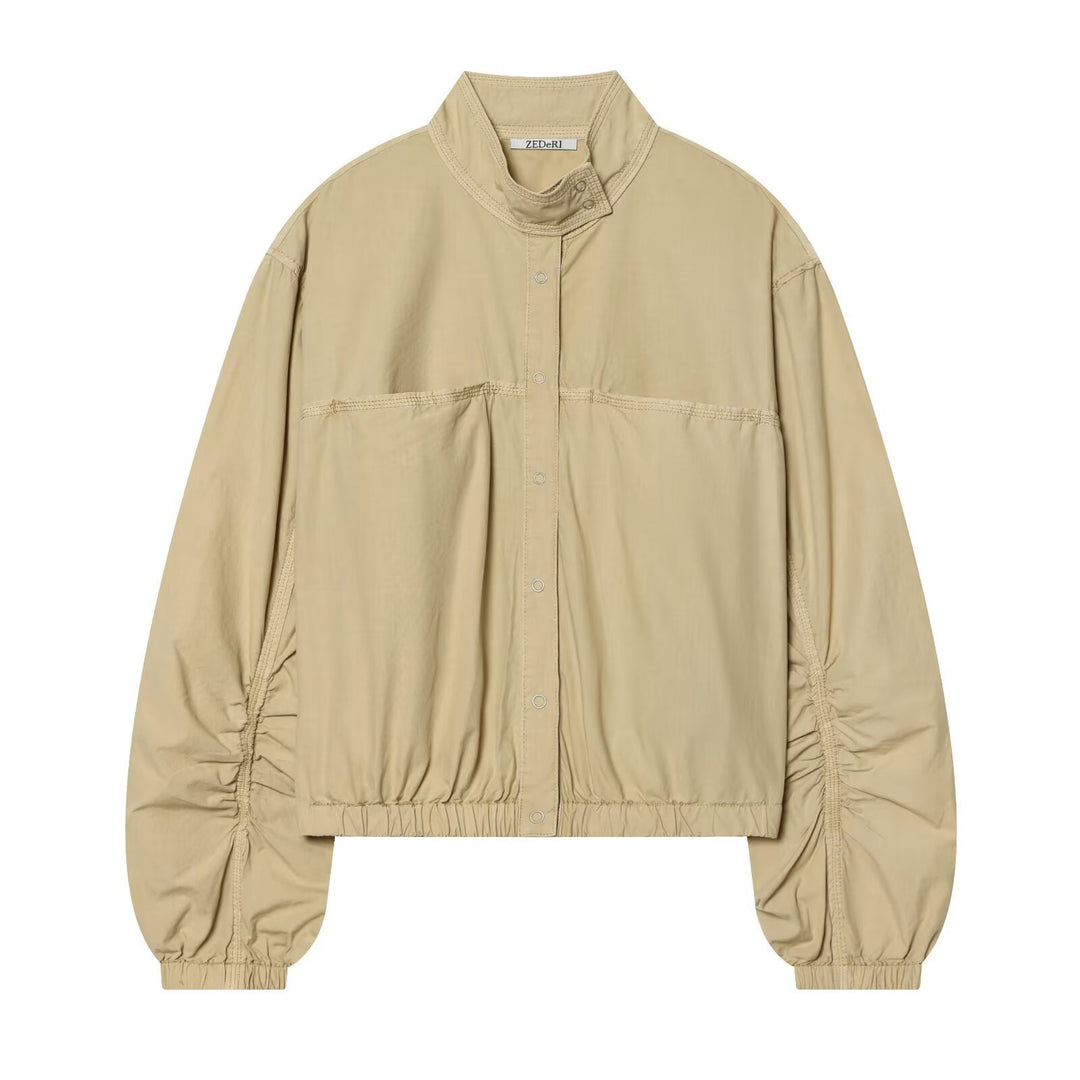 Women's Cropped Bomber Jacket with Stand-Up Collar, Snap Button Placket and Gathered Sleeves Mune Fashion
