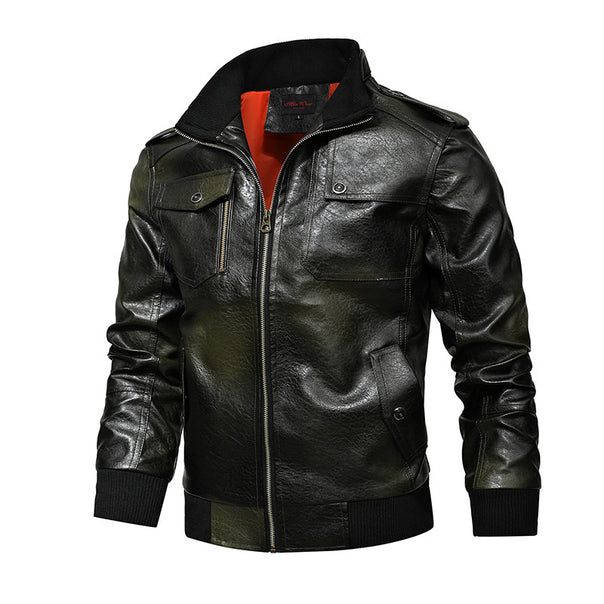 Men's pilot jacket made of synthetic leather with stand-up collar and utility pockets Mune Fashion