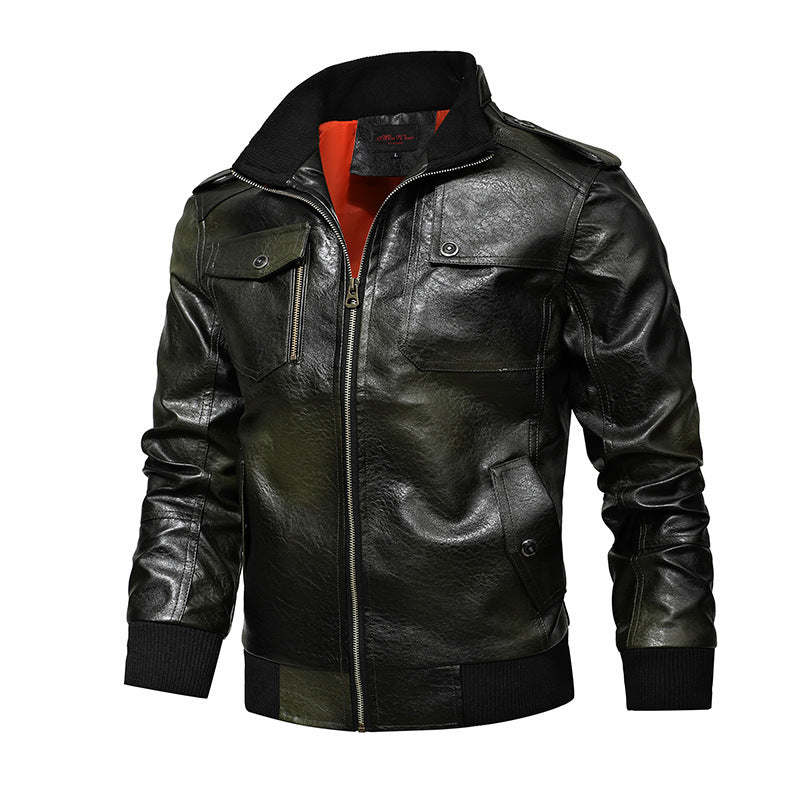 Men's leather pilot style jacket with zipper, shoulder epaulets, and ribbed cuffs Mune Fashion