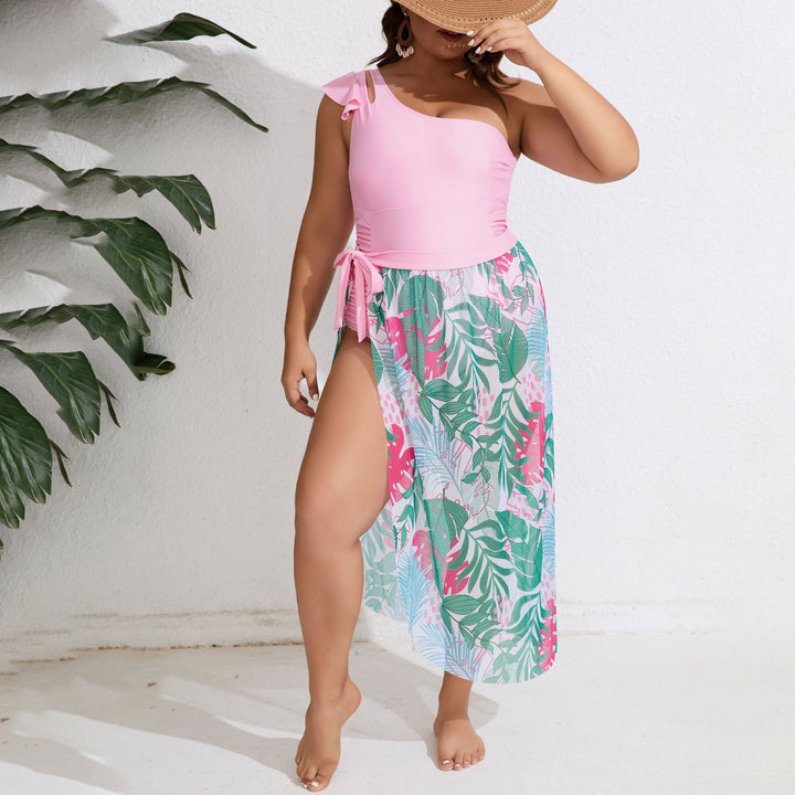 Women's One-Piece Swimsuit with Asymmetrical Cut and Floral Overlay Mune Fashion