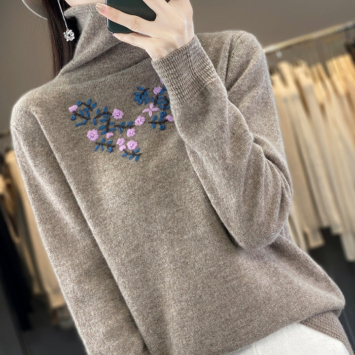 Women's Cashmere-Optics Turtleneck Sweater with Delicate Floral Embroidery on the Chest Area Mune Fashion