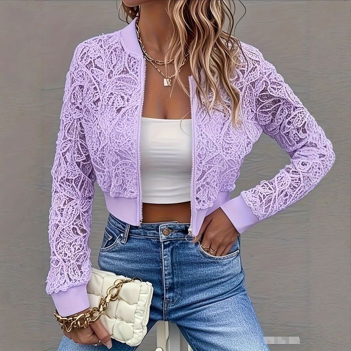 Women's Cropped Lace Bomber Jacket with Floral Crochet Look and Ribbed Cuffs Drune