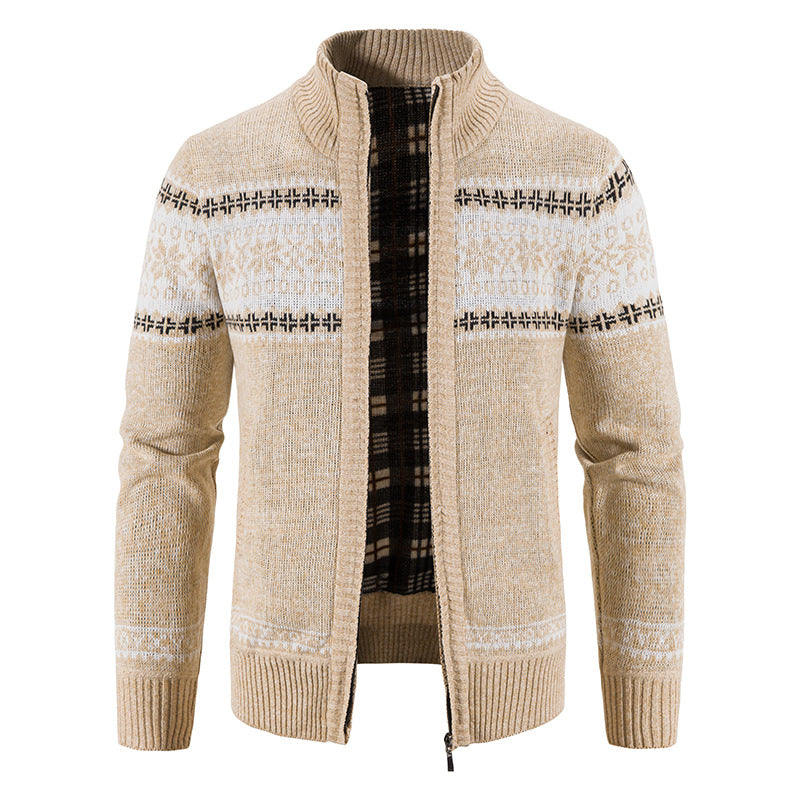 Men's chunky knitted Norwegian cardigan with full zip and checked fleece lining Mune Fashion