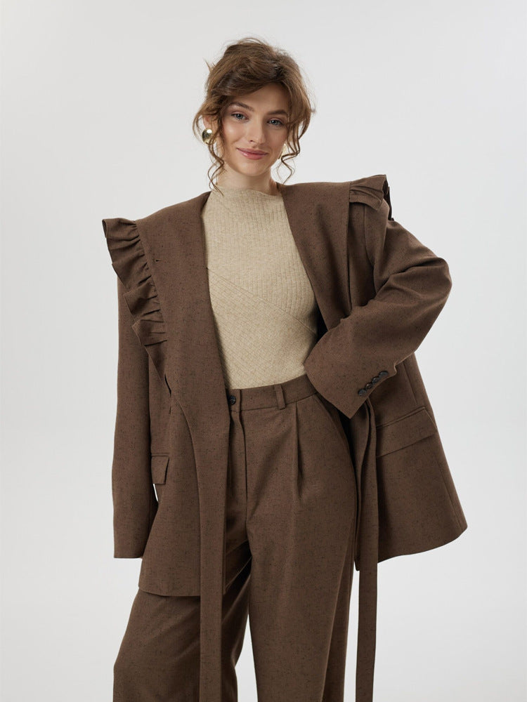 Women Two-Piece Oversized Blazer and Pants Set with Ruffled Shoulder and High Pleat Mune Fashion