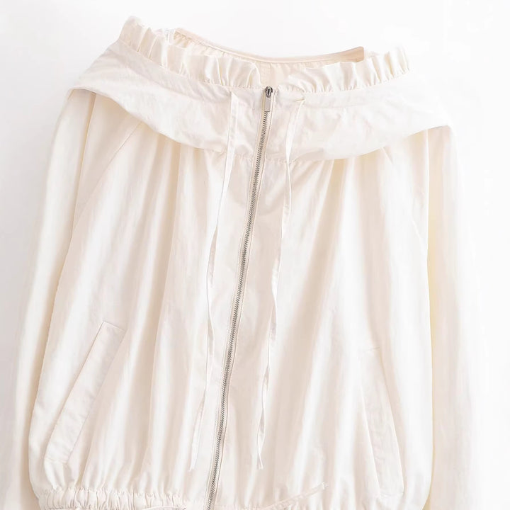 Women's Lightweight Hooded Jacket with Ruffled Collar, Drawstring and Elastic Hem Mune Fashion