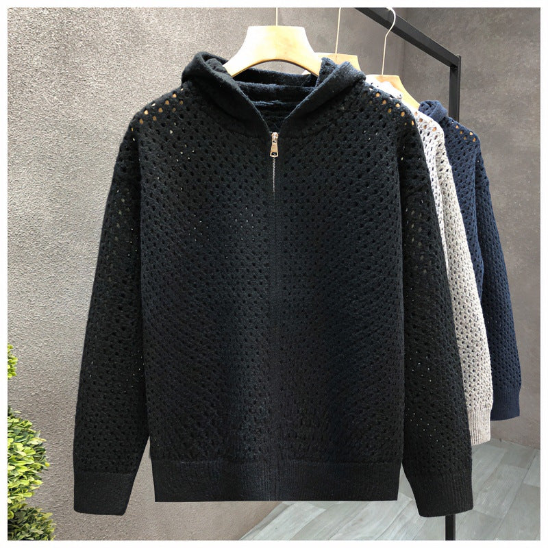 Unisex Light Openwork Knit Hooded Zip Jacket with Eyelet Pattern Mune Fashion