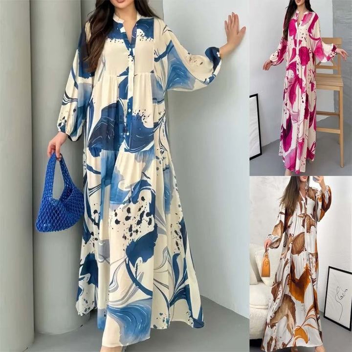 Women's Flowing Tiered Dress with Stand Collar, Balloon Sleeves and Button Placket Mune Fashion