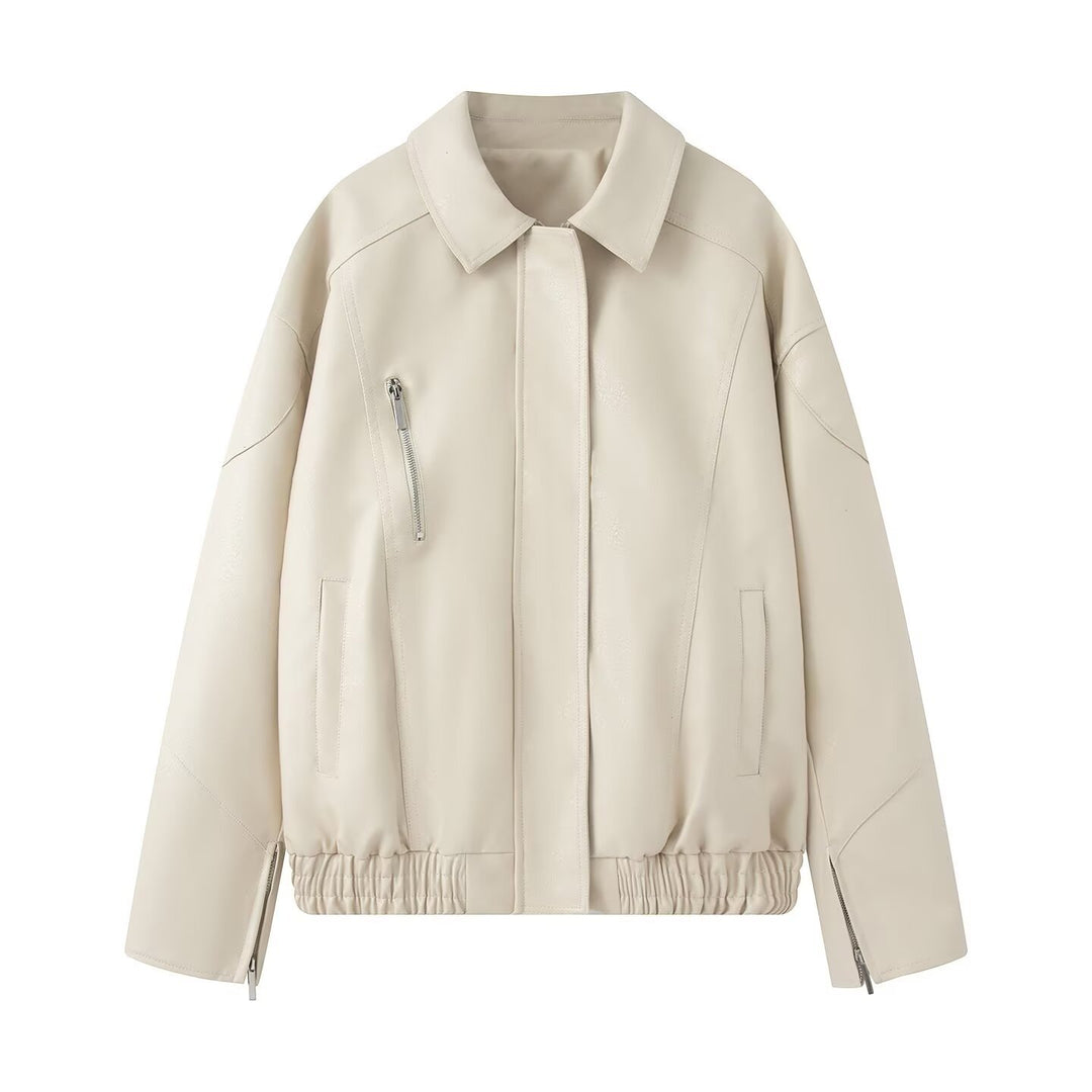 Women's Oversize Faux Leather Blouson with Elastic Hem, Slanted Zipper Chest Pocket and Zipper Sleeves Mune Fashion