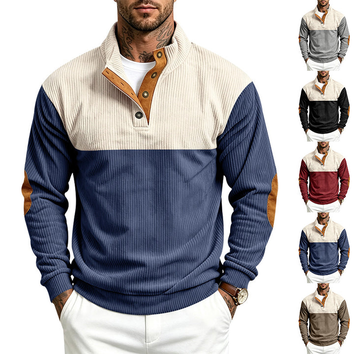 Men's Structured Jumper with Stand-Up Collar, Press Button Placket and Elbow Patches Mune Fashion