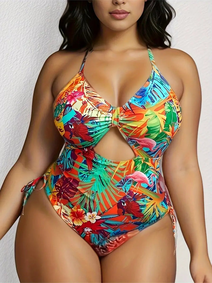 Women's One-Piece Swimsuit with Exotic Cut and Colorful Tropical Design Mune Fashion