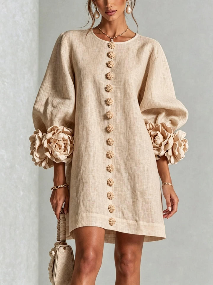 Women’s Short-Cut Linen Dress with 3D Flower Sleeves and Center Button Placket Mune Fashion