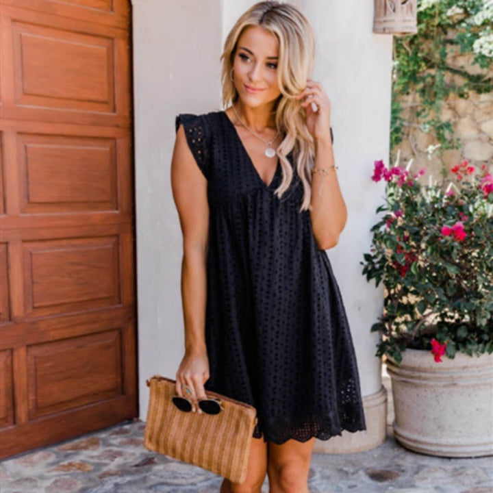Women's Broderie-Anglaise Mini Dress with V-Neck, Ruffled Sleeves, and Insert Pockets Mune Fashion