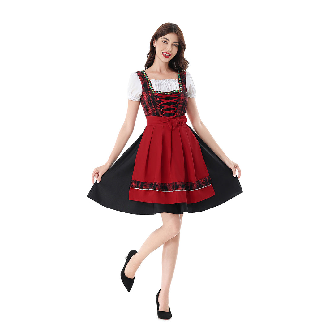Ladies traditional Dirndl dress with checked bodice, lacing, puff sleeves, and apron Mune Fashion