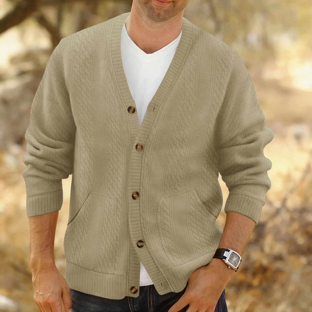 Men's Structured Knit Cardigan with Cable and Waffle Pattern, Button Placket and Patch Pockets Mune Fashion
