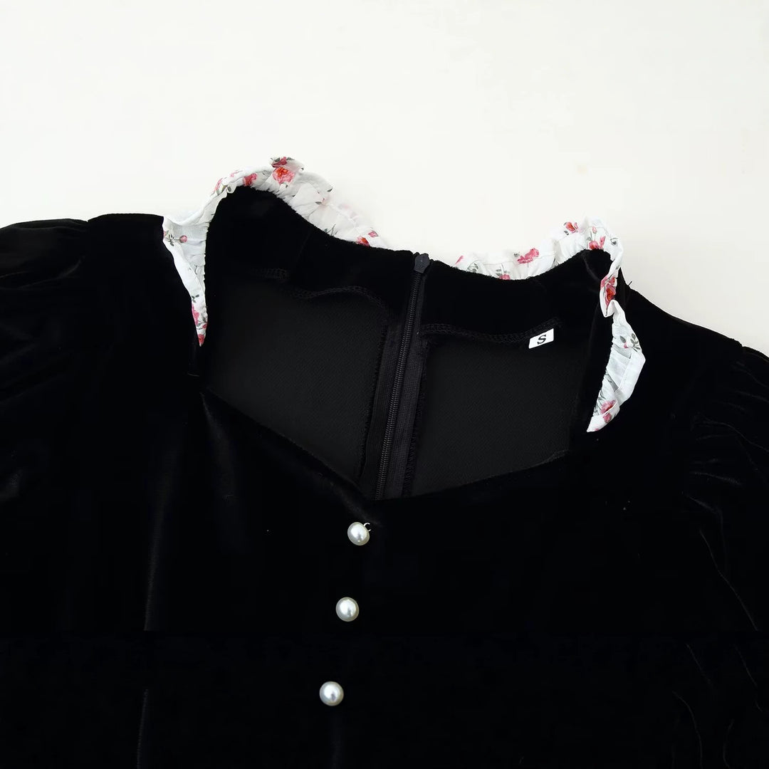 Women's Velvet Cropped Jacket with Pointed Peplum, Pearl Button Placket and Ruffled Sleeves Mune Fashion
