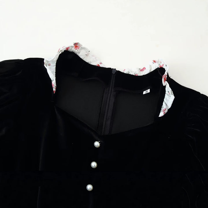 Women's Velvet Cropped Jacket with Pointed Peplum, Pearl Button Placket and Ruffled Sleeves Mune Fashion
