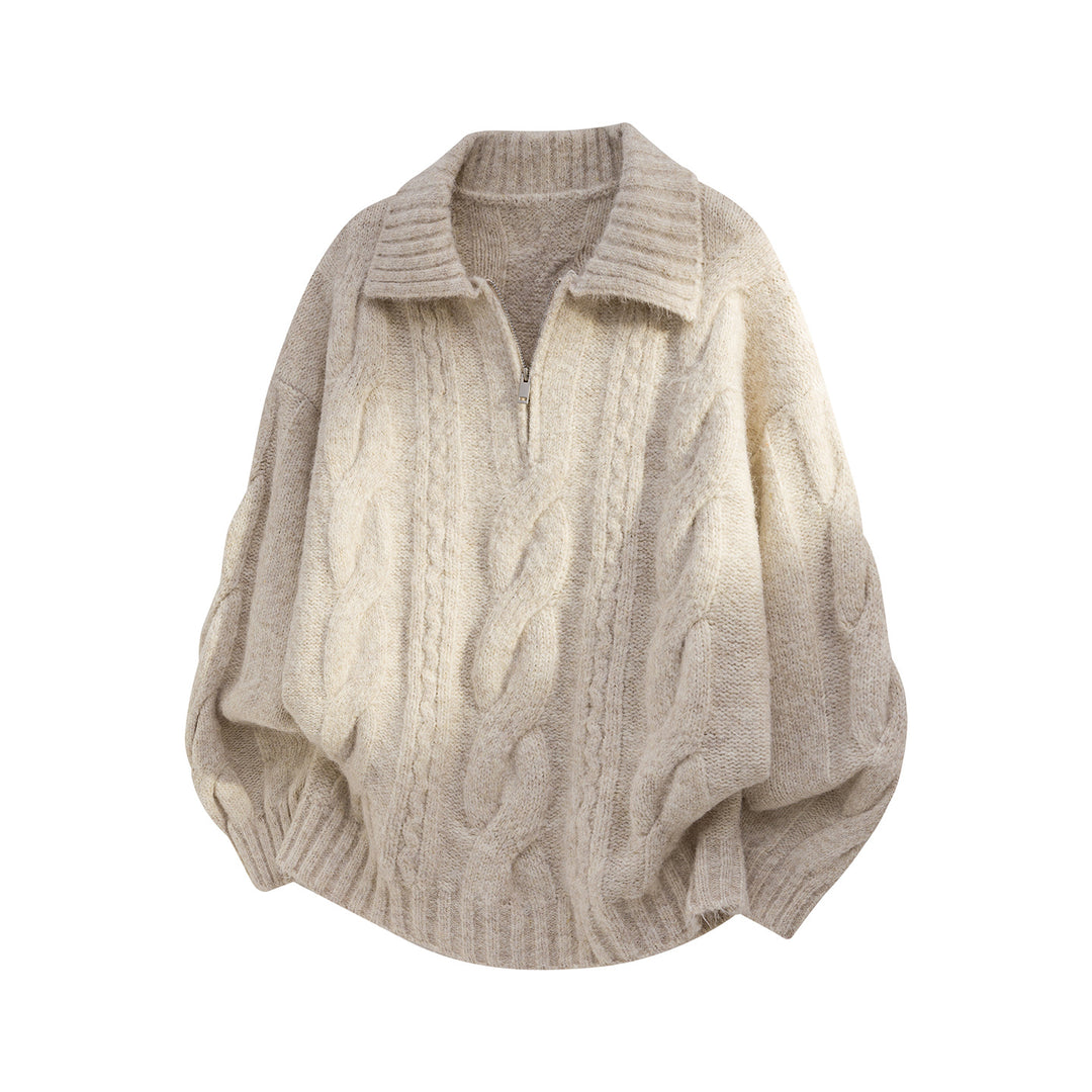 Women's Oversize Knit Sweater with Half Zip, Cable Pattern and Balloon Sleeves Mune Fashion