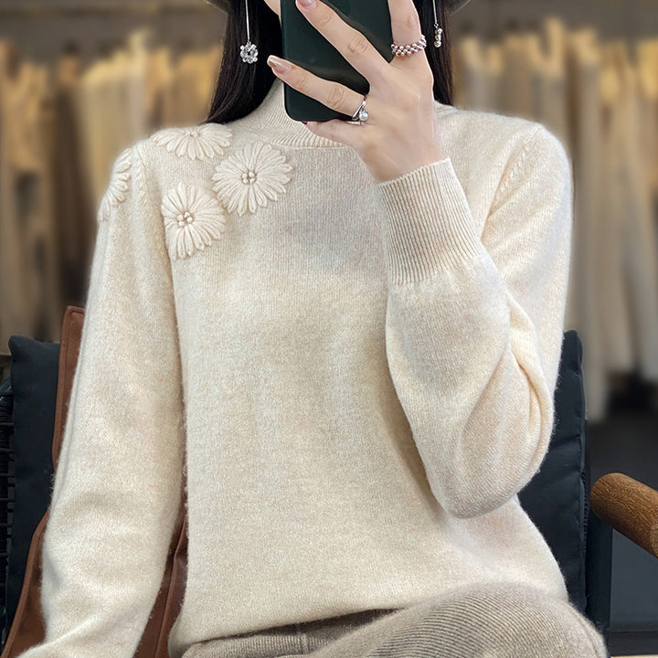 Women Soft Fine Knit Sweater with Short Stand-Up Collar, 3D Flower Application and Ribbed Cuffs Mune Fashion