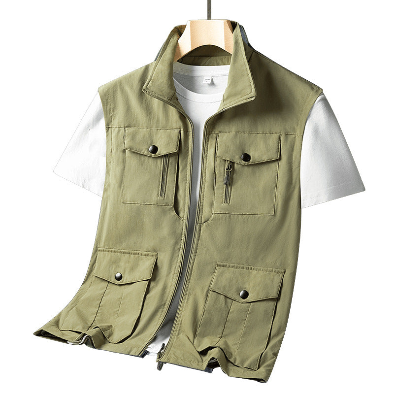 Men's Lightweight Multifunctional Outdoor Vest with Zipper Pockets and Stand Collar Mune Fashion