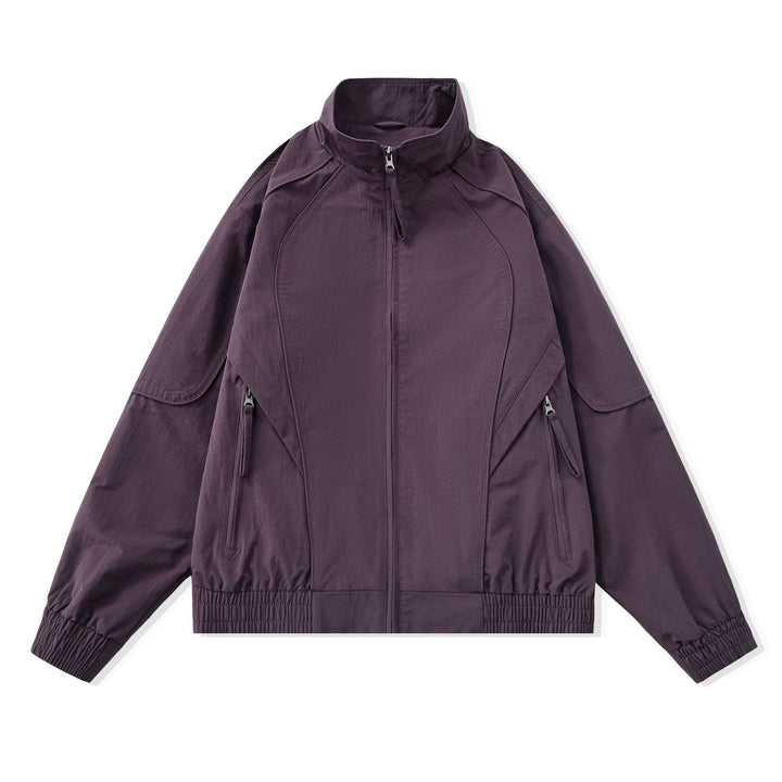 Women Short Boxy Utility Jacket with ergonomic seams, high standing collar and drawstring hood
