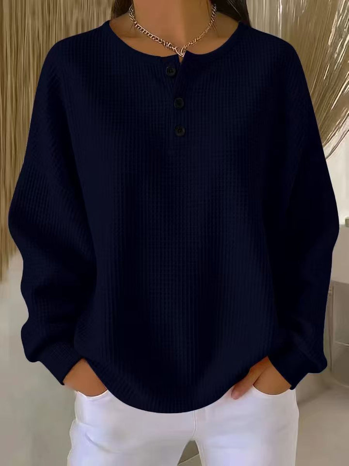 Women's Oversized Waffle Knit Henley Sweater with Button Placket and Rounded Hem Mune Fashion