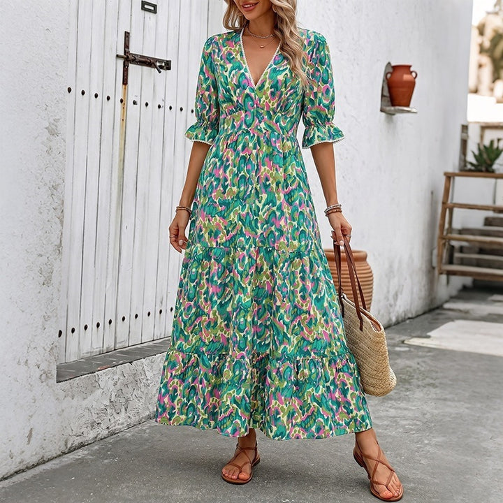 Women Long Maxi Dress with Ruffle Details and V-Neck Mune Fashion